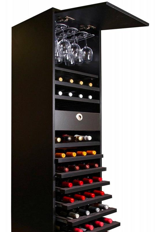 Botellero serie Merlot para 44 botellas, 16 copas y cajón de accesorios → zonawine.com